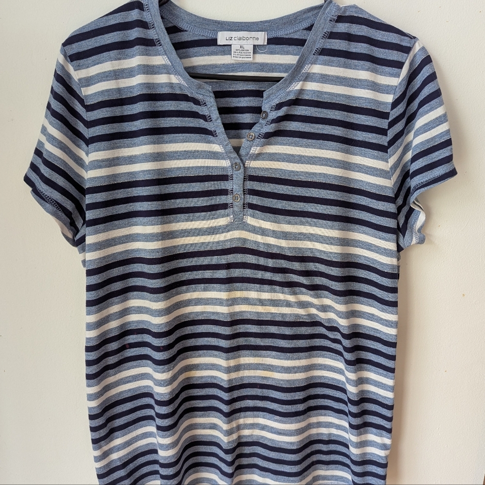 Liz Claiborne Navy, Light Blue and White Striped Tee- Size XL